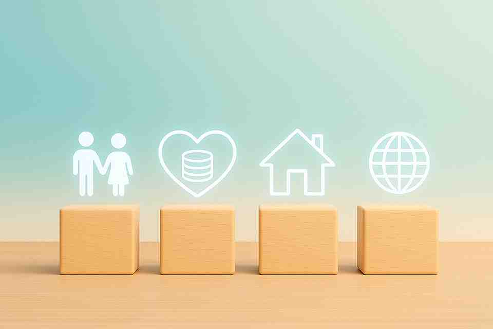 Icons zu Personen, Herz, Haus und Globus